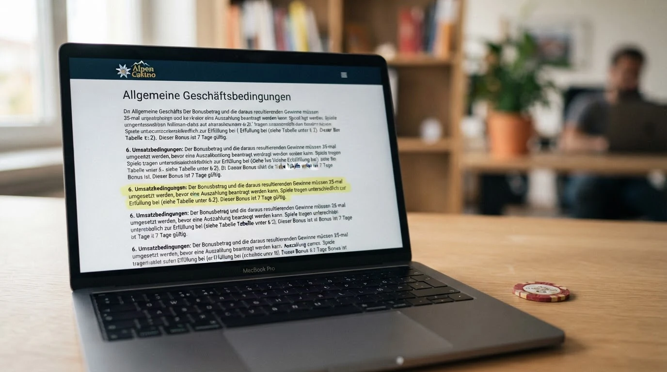 Nahaufnahme eines Bildschirms mit den Allgemeinen Geschäftsbedingungen eines Online-Casinos, der Abschnitt „Umsatzbedingungen“ ist mit einem digitalen Textmarker hervorgehoben
