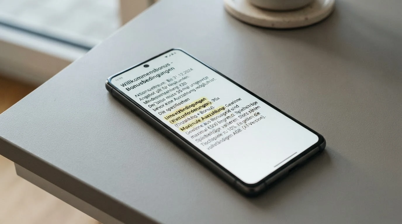 Nahaufnahme eines Smartphones, auf dessen Bildschirm die Bonusbedingungen eines Casinos zu sehen sind — die Zeilen zu Umsatzbedingungen und maximaler Auszahlung sind gelb markiert