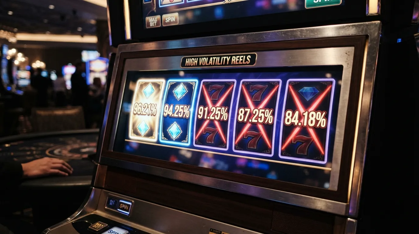 Die Slot-Walzen von Book of Dead mit fünf nebeneinander angeordneten Prozentangaben: 96,21 %, 94,25 %, 91,25 %, 87,25 % und 84,18 % – die niedrigeren Werte sind durchgestrichen