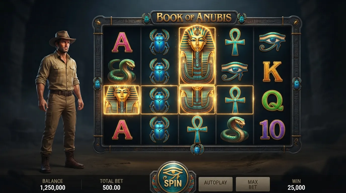 Der Spielbildschirm von Book of Dead mit den fünf Walzen, dem Entdecker Rich Wilde und ägyptischen Symbolen in Gold und Blau