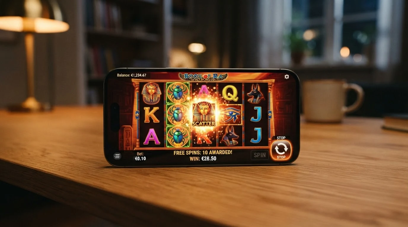Spielbildschirm des Slots Book of Dead von Play'n GO mit fünf Walzen, dem Einsatz von 0,10 Euro und einem Freispiel-Scatter-Symbol