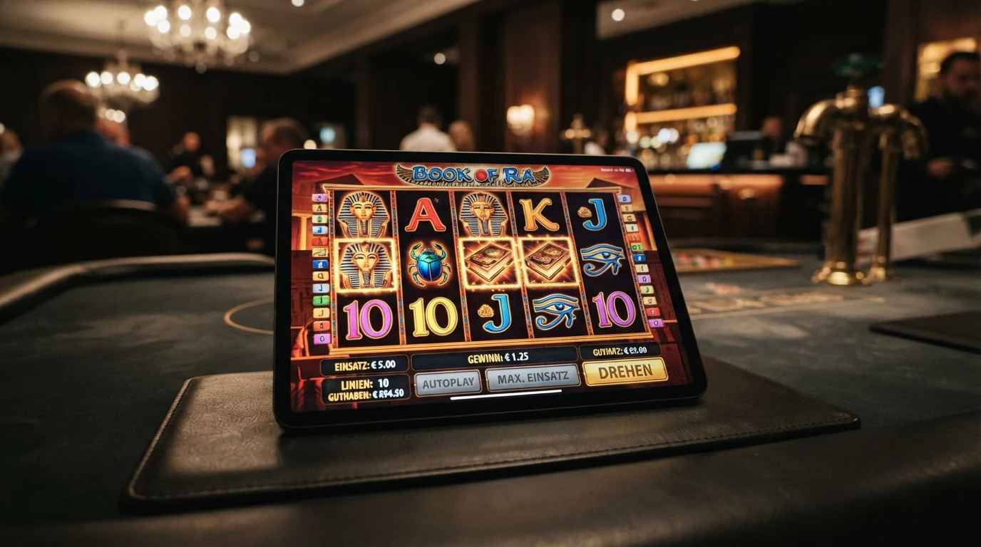 Spielbildschirm des Slots Book of Dead mit den Walzen und dem altägyptischen Motiv