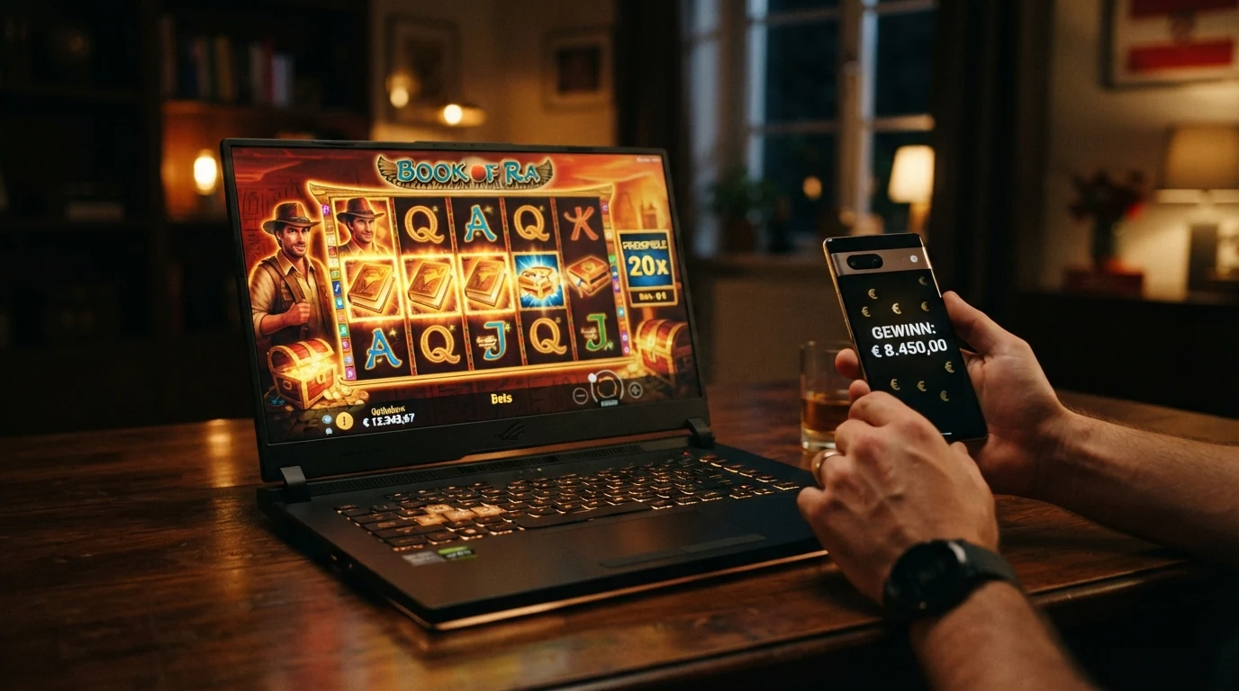 Spielbildschirm des Spielautomaten Book of Dead von Play'n GO mit dem Archäologen Rich Wilde und ägyptischen Symbolen