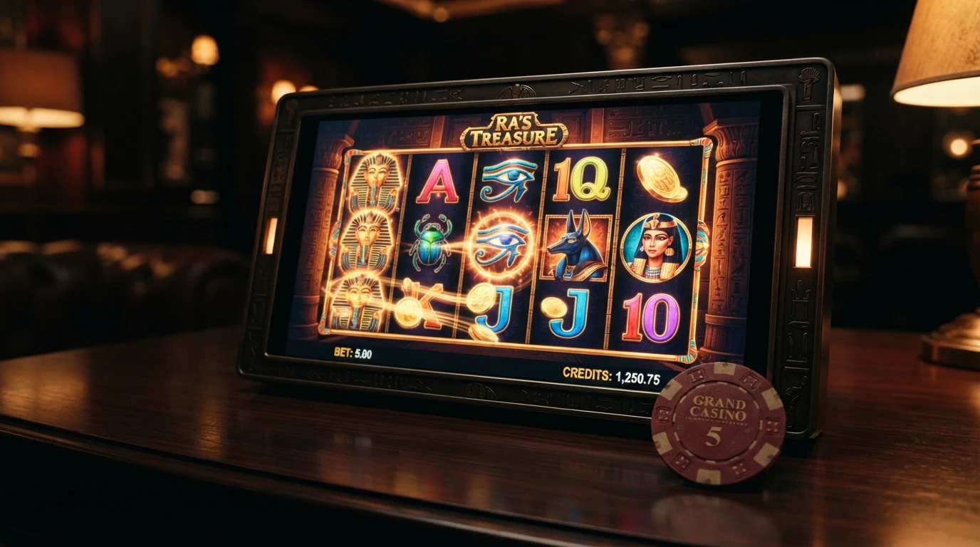 Spielbildschirm von Book of Dead mit fünf Walzen, altägyptischen Symbolen und der Rich-Wilde-Figur im Vordergrund