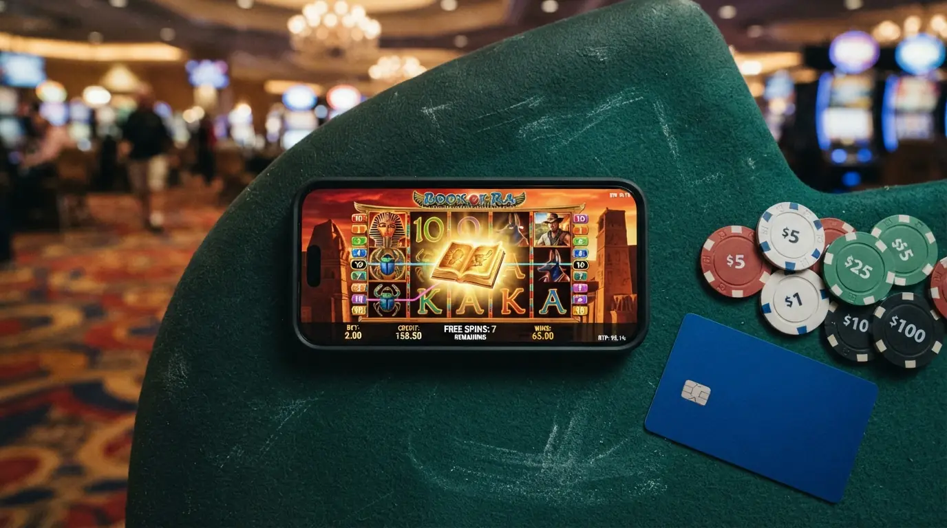Spielbildschirm des Novomatic-Slots Book of Ra Deluxe mit fünf Walzen, zehn Gewinnlinien und ägyptischer Symbolik