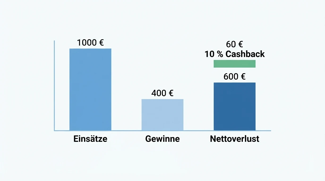 Balkendiagramm: 1000 Euro Einsätze, 400 Euro Gewinne, 600 Euro Nettoverlust und 60 Euro Cashback bei zehn Prozent