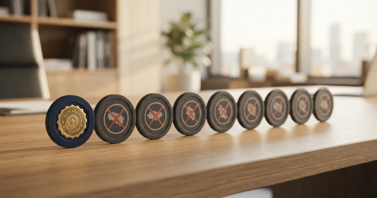 Zehn Casino-Logos in einer Reihe, das erste mit einem österreichischen Lizenzsiegel hervorgehoben, die übrigen mit einem durchgestrichenen AT-Symbol