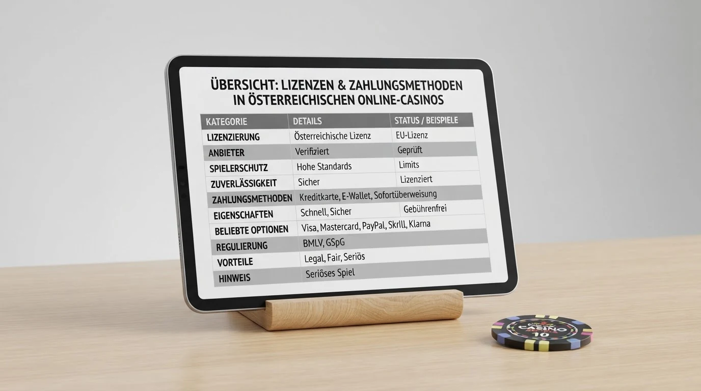 Vergleichstabelle mit den zehn geprüften Casino-Anbietern, sortiert nach Lizenzstatus, mit Hervorhebung des einzig AT-konzessionierten Betreibers