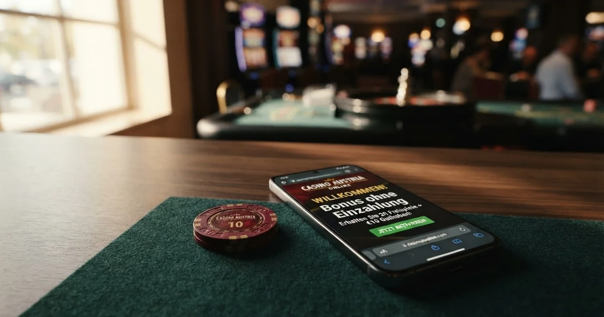 Ein Stapel Casino-Chips neben einem Smartphone mit geöffneter Casino-App, auf dem Bildschirm das Wort „Bonus ohne Einzahlung“