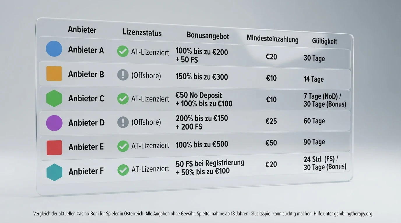 Eine tabellarische Übersicht mit Casino-Logos, Bonus-Prozentsätzen und einem farblich markierten Lizenzstatus-Symbol — zehn Anbieter im Direktvergleich