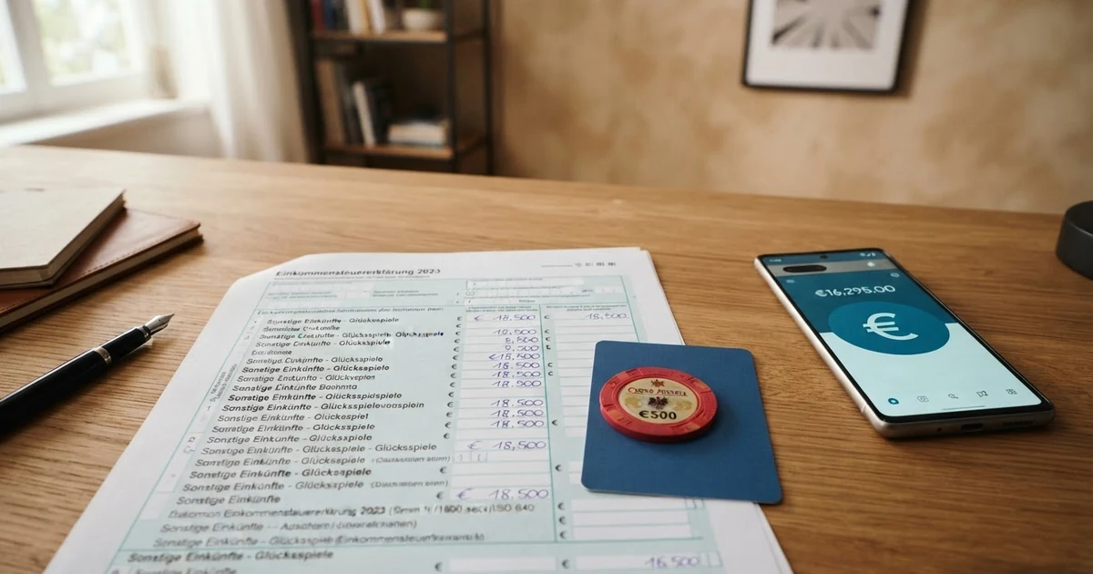 Eine aufgeschlagene österreichische Steuererklärung neben Spielkarten und einem Taschenrechner auf einem Schreibtisch
