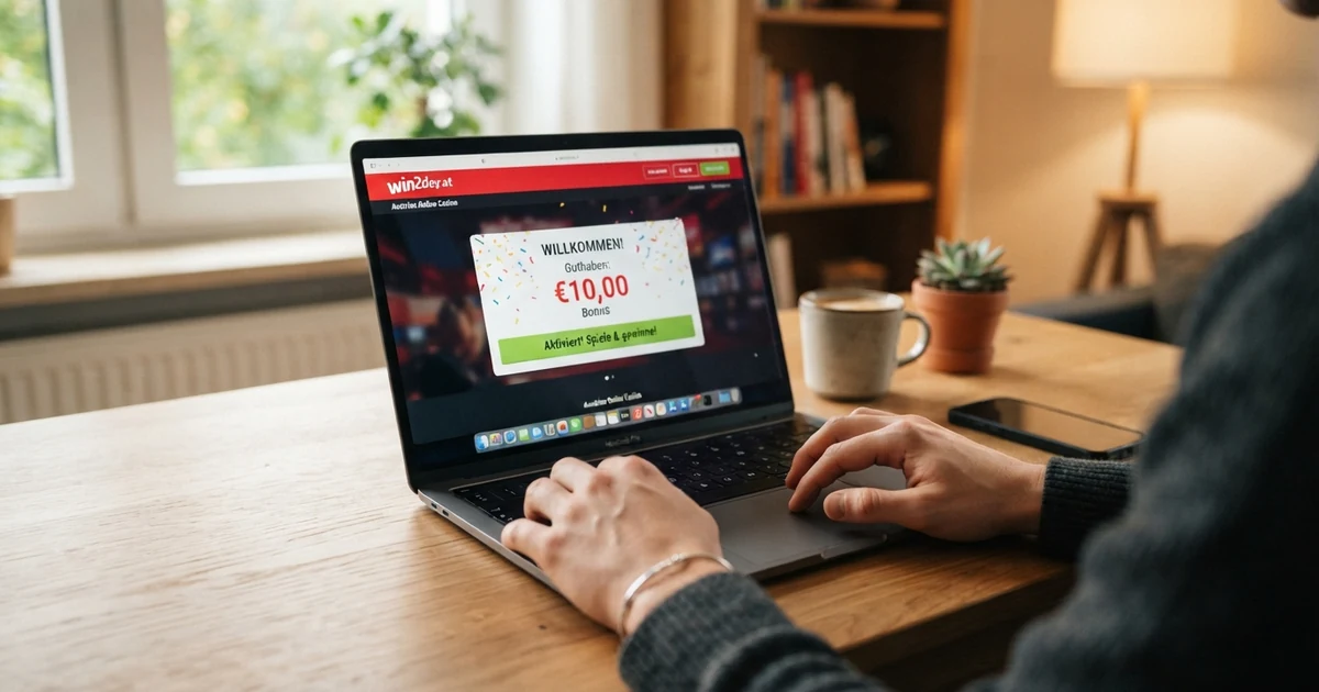 Ein geöffneter Laptop zeigt ein Online-Casino-Konto mit der Anzeige „Guthaben: €10,00 Bonus“ neben einem aktivierten Willkommensangebot
