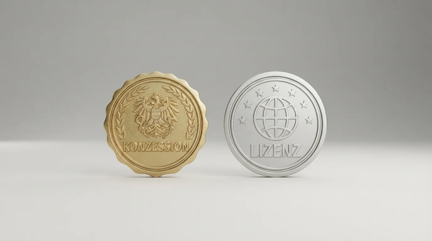 Zwei nebeneinanderliegende Dokument-Icons: links das österreichische BMF-Wappen mit dem Schriftzug „Konzession“, rechts das MGA-Logo mit dem Schriftzug „Lizenz Malta“