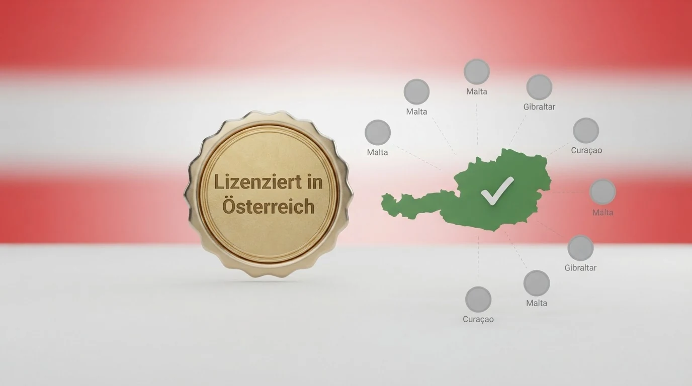 Eine stilisierte Österreich-Karte mit einem hervorgehobenen grünen Haken über win2day und grauen Markierungen für Offshore-Standorte Malta, Gibraltar und Curaçao