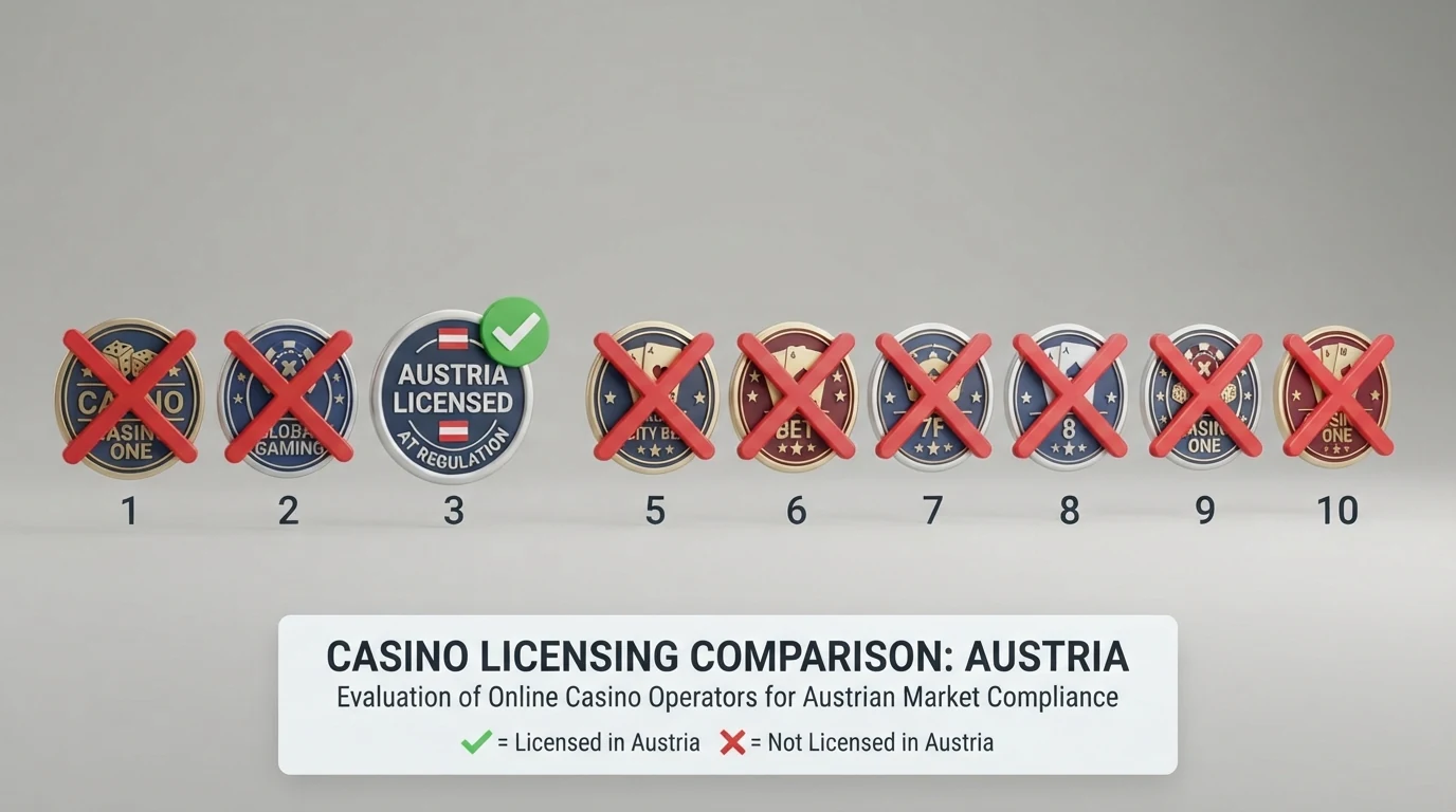 Zehn Casino-Logos in einer Übersicht, eines mit grünem Haken „AT-Konzession“, neun mit rotem Kreuz „keine AT-Lizenz“