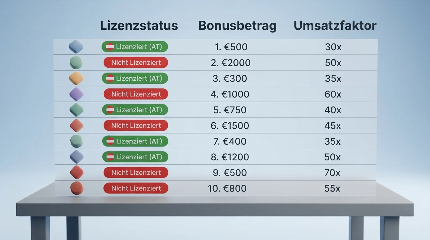 Eine tabellarische Übersicht zeigt Casino-Logos mit farbig markierten Feldern für Lizenzstatus, Bonusbetrag und Umsatzfaktor.