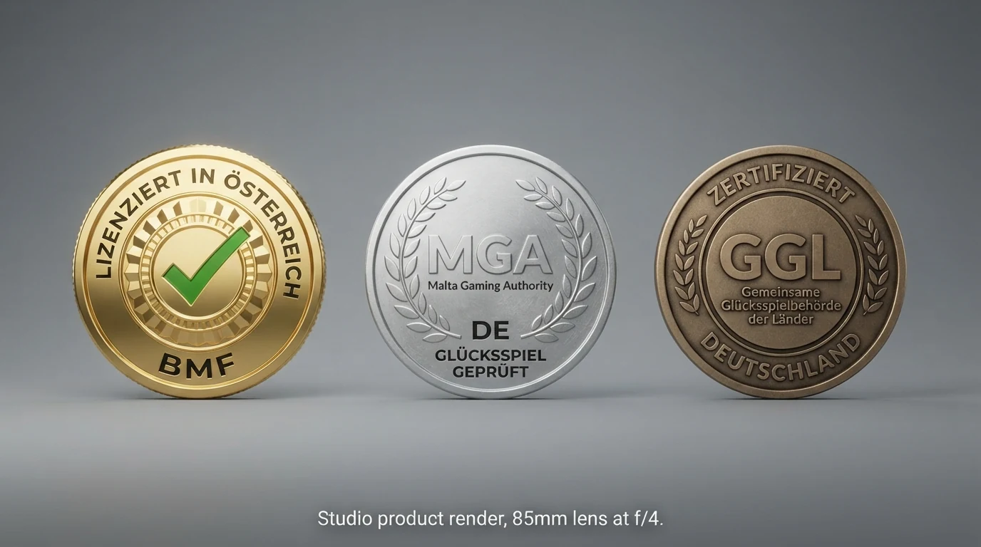 Drei Glücksspiellizenz-Symbole nebeneinander: das österreichische BMF-Konzeptionssiegel, eine MGA-Lizenzmarke und das GGL-Logo – mit einem Haken nur beim BMF-Siegel