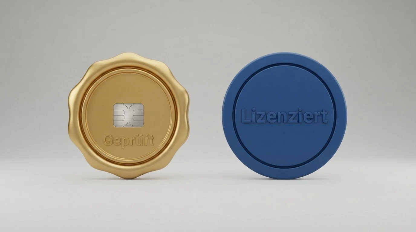 Gegenüberstellung der Lizenzsiegel: Österreichisches BMF-Konzessionslogo und MGA-Lizenzlogo