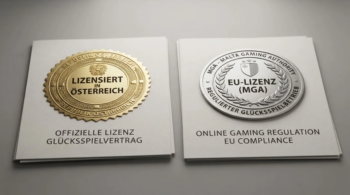 Übersicht verschiedener Glücksspiel-Lizenzdokumente mit Lupe auf dem österreichischen Hoheitszeichen