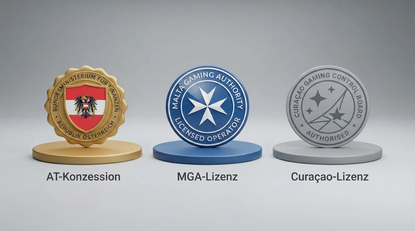 Eine vergleichende Darstellung der Lizenzkategorien: AT-Konzession, MGA-Lizenz und Curaçao-Lizenz mit den zugehörigen Siegeln