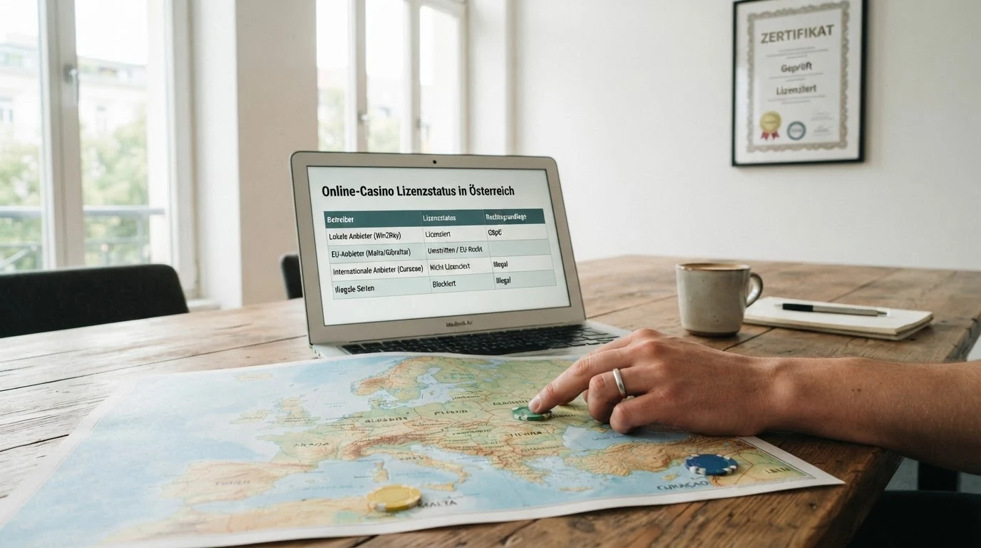 Übersichtskarte mit Malta, Curaçao und Österreich — die Lizenzstandorte der getesteten Anbieter, farblich markiert nach AT-Lizenzstatus