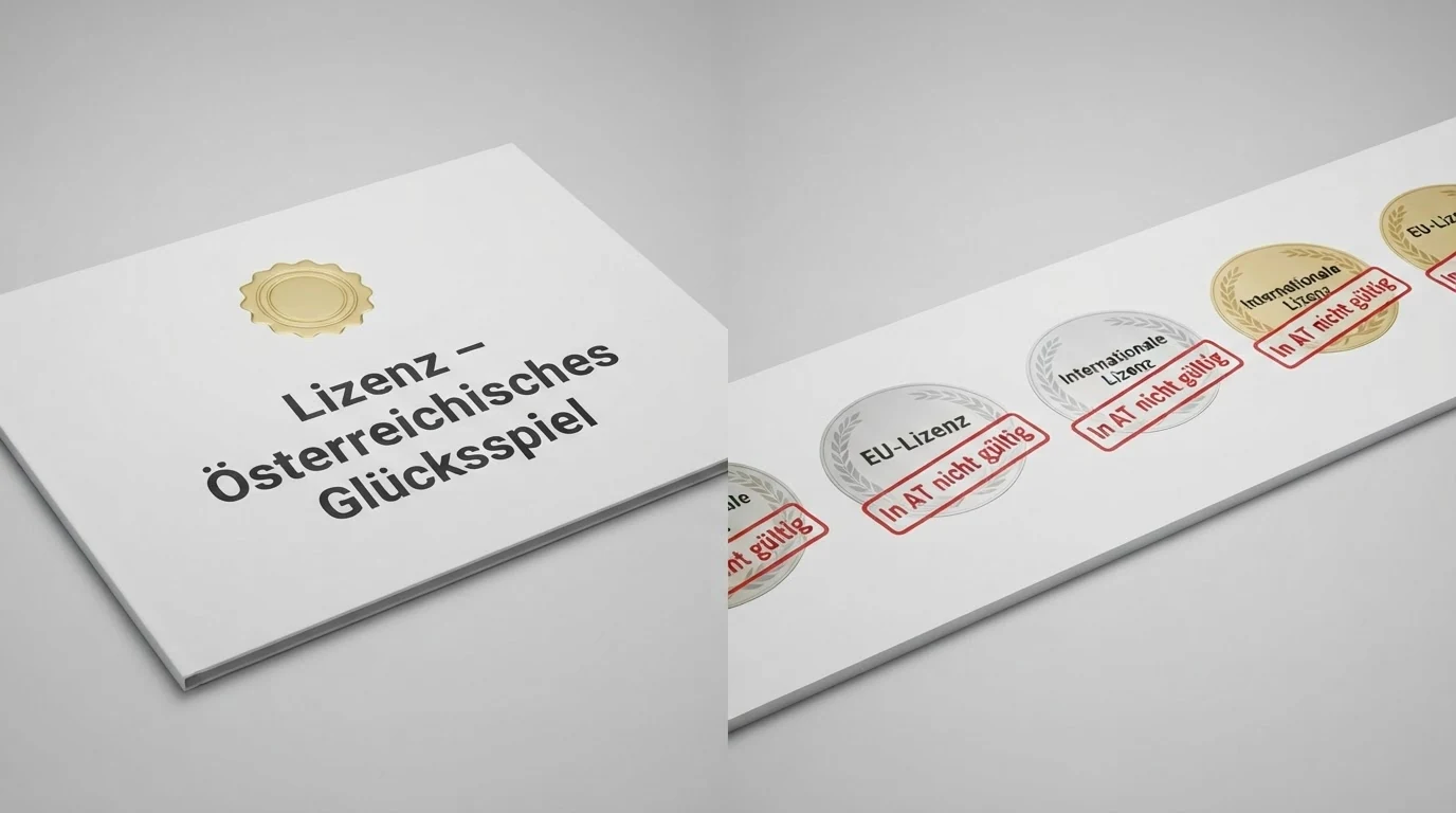 Eine illustrative Gegenüberstellung: links das offizielle österreichische BMF-Logo auf einem Zertifikat, rechts eine Reihe internationaler Lizenzsiegel (MGA, Gibraltar) mit dem Hinweis „in AT nicht gültig“
