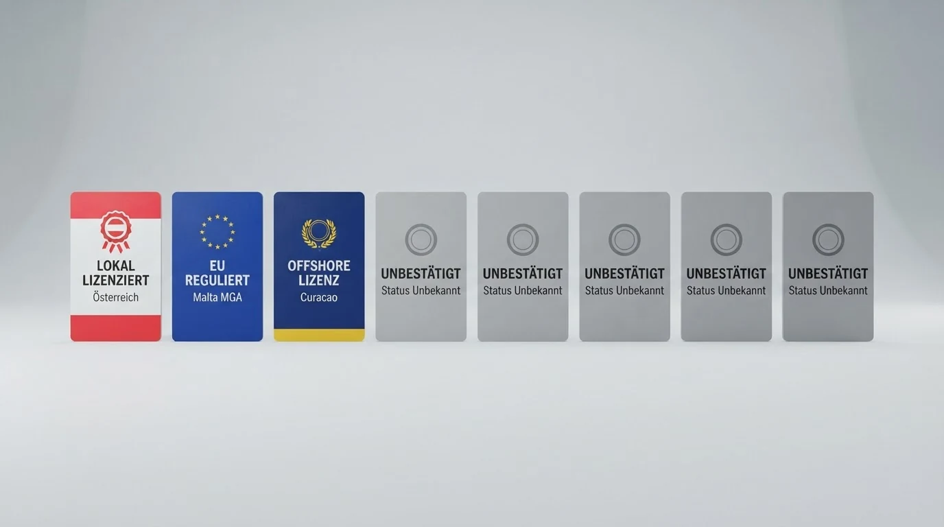 Eine tabellarische Visualisierung mit zehn Casino-Logos, farblich gruppiert nach Lizenzstatus: ein Logo unter „AT-Konzession“, eines unter „MGA“, eines unter „Curaçao“, sieben unter „Offshore/unbestätigt“