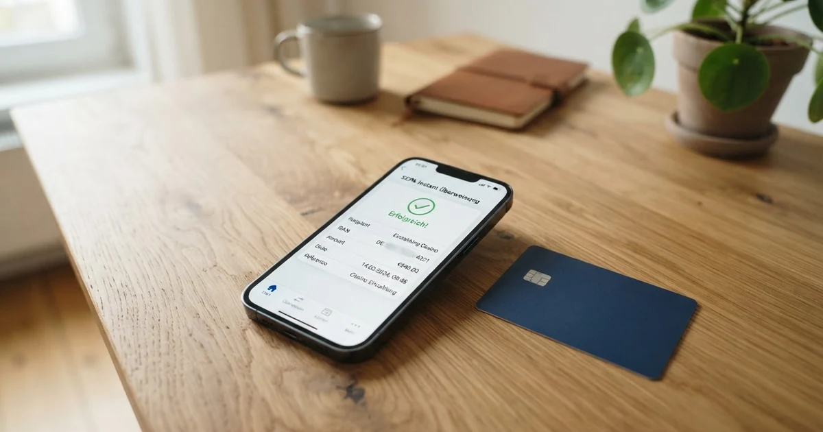 Eine Nahaufnahme eines Smartphone-Bildschirms mit einer geöffneten Banking-App, die eine SEPA-Echtzeitüberweisung mit dem Betreff „Einzahlung Casino“ und einer bestätigten Buchung innerhalb von 5 Sekunden zeigt