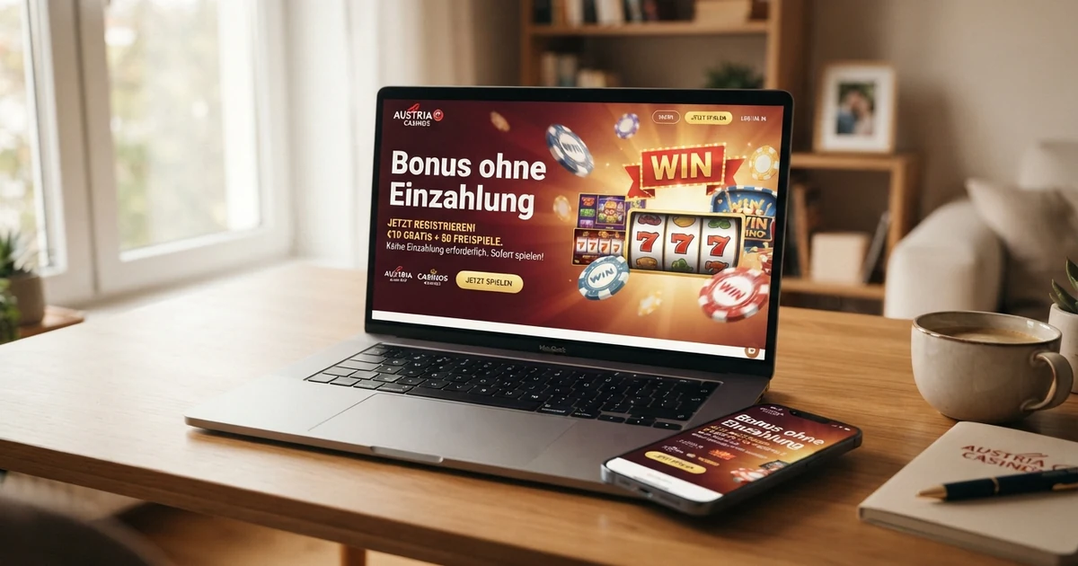 Ein Laptop-Bildschirm zeigt eine Casino-Willkommensseite mit einem hervorgehobenen „Bonus ohne Einzahlung“-Banner, daneben ein Smartphone mit derselben Ansicht