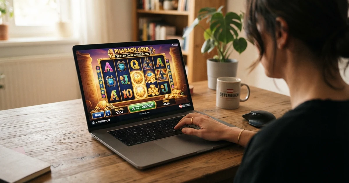 Eine geöffnete Laptop-Tastatur mit einer Hand, die keine Registrierungsmaske ausfüllt, sondern direkt auf ein buntes Slot-Symbol auf dem Bildschirm tippt — kein Formular, kein Ausweis, nur der Spiel-Button