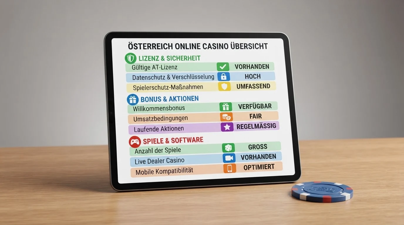 Schematische Darstellung einer Rangliste mit zehn Casinos, sortiert nach Bewertungskriterien, mit Hervorhebung des lizenzierten Anbieters an der Spitze