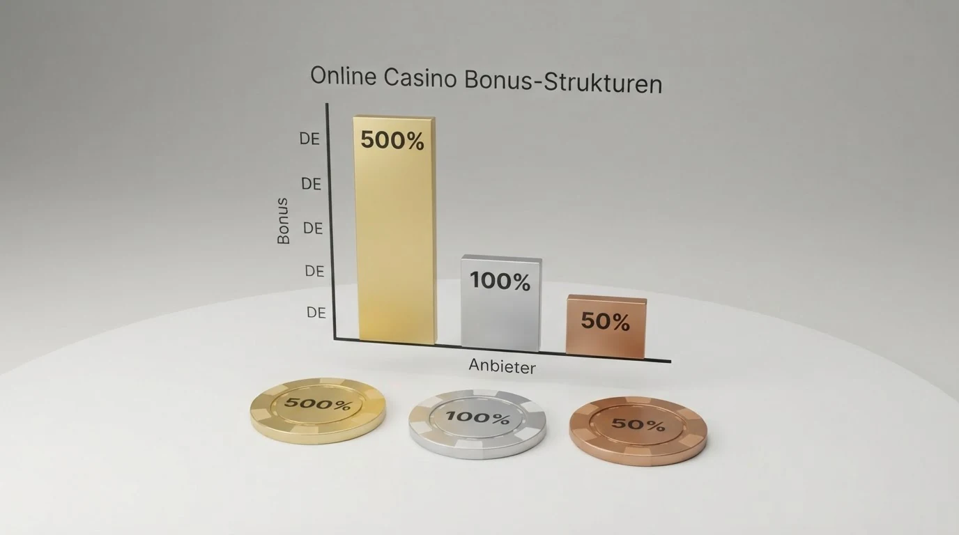 Eine tabellarische Gegenüberstellung von Casino-Logos mit ihren Bonus-Prozentsätzen, Freispielen und Umsatzbedingungen
