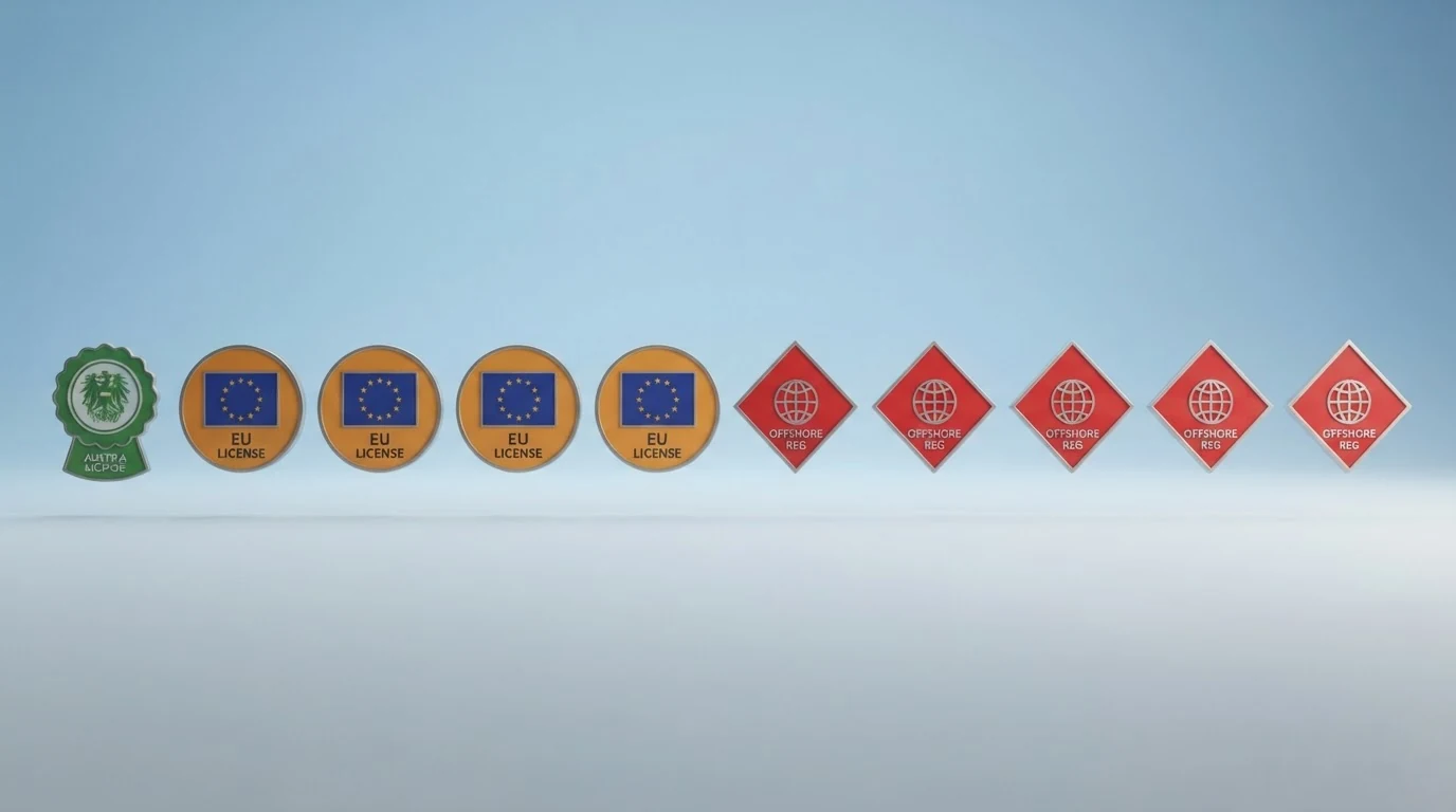 Eine Übersichtstabelle mit Casino-Namen, nebeneinander aufgereihten Lizenzsymbolen und farblich abgesetzten Markierungen für den AT-Konzessionsstatus.