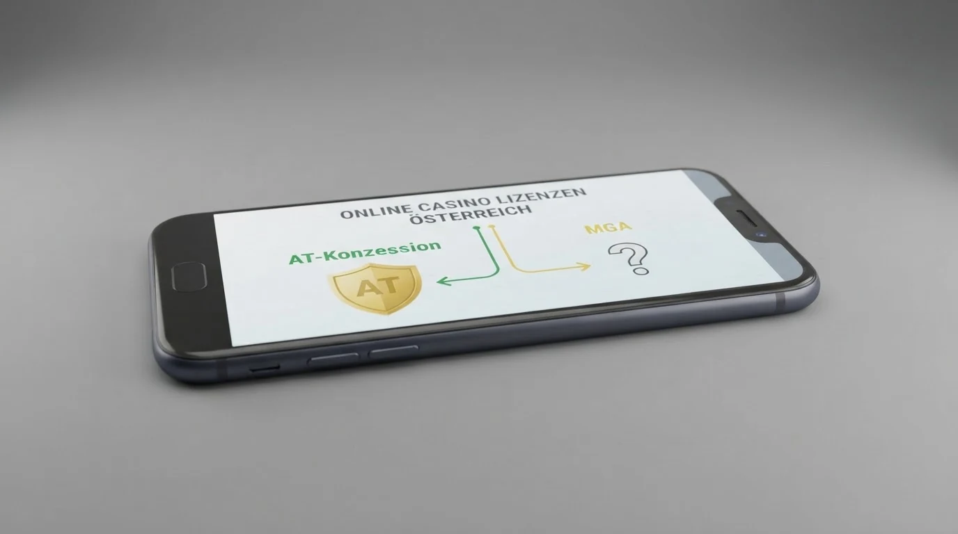 Eine tabellarische Übersicht auf einem Smartphone-Bildschirm, die Casino-Namen mit farblich markierten Lizenzsymbolen (grün für AT-Konzession, gelb für MGA) nebeneinander zeigt.