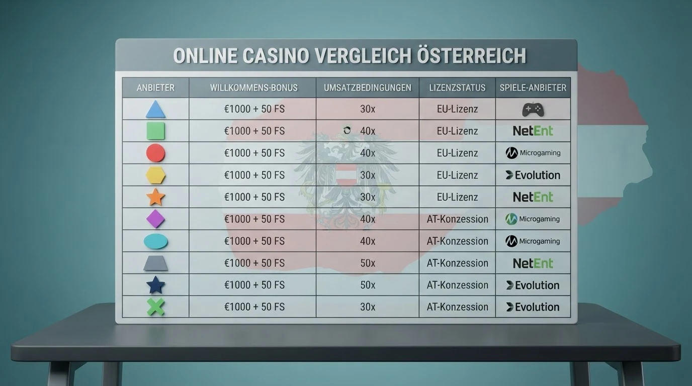 Eine tabellarische Übersicht auf einem Bildschirm zeigt Casino-Logos nebeneinander mit farblich markierten Feldern für Bonus-Höhe, Umsatzbedingungen und Lizenzstatus, im Hintergrund eine Österreich-Flagge