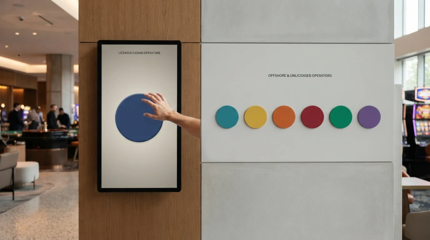 Eine visuelle Gegenüberstellung der geprüften Casino-Marken als Kacheln oder Logos, geordnet nach Lizenzstatus — auf der linken Seite die AT-Konzession (win2day), rechts die Offshore-Anbieter.