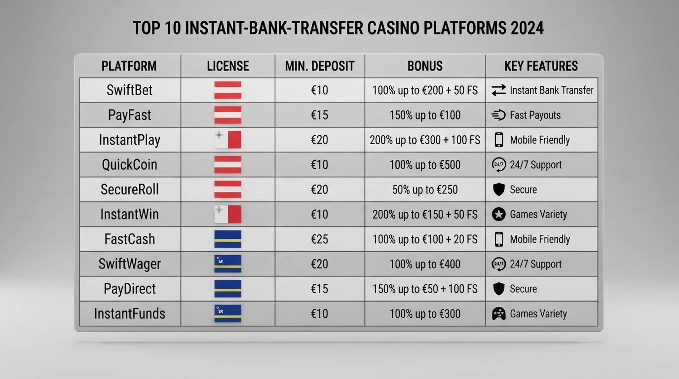 Vergleichstabelle mit Lizenzangaben und Bonusinformationen der zehn getesteten Sofort-Casinos