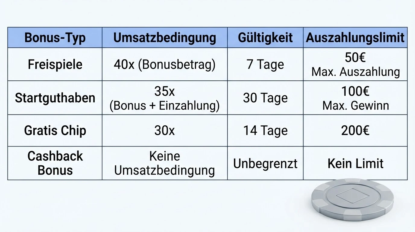 Eine tabellarische Übersicht mit Casino-Namen, farblich abgesetzten Lizenz-Spalten und Bonus-Konditionen im Direktvergleich
