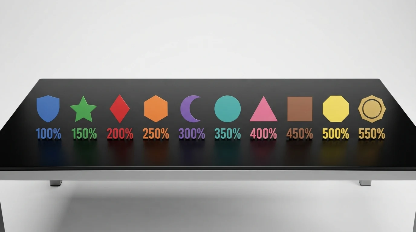 Eine strukturierte Übersicht mit Casino-Logos und nebeneinander gestellten Bonus-Prozentsätzen von 100% bis 525%