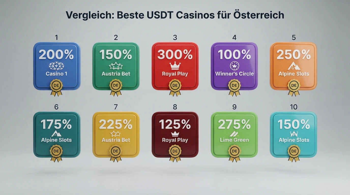 Eine vergleichende Übersicht mit Casino-Logos, Bonus-Prozentsätzen und Lizenzsymbolen, angeordnet in einer bewertenden Struktur