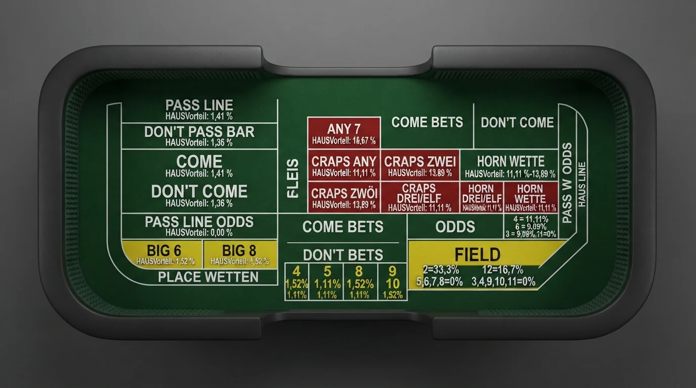 Craps-Wettscheibe mit allen Wettfeldern, farblich markiert nach Hausvorteil — grün für Pass Line und Odds, rot für Proposition-Wetten