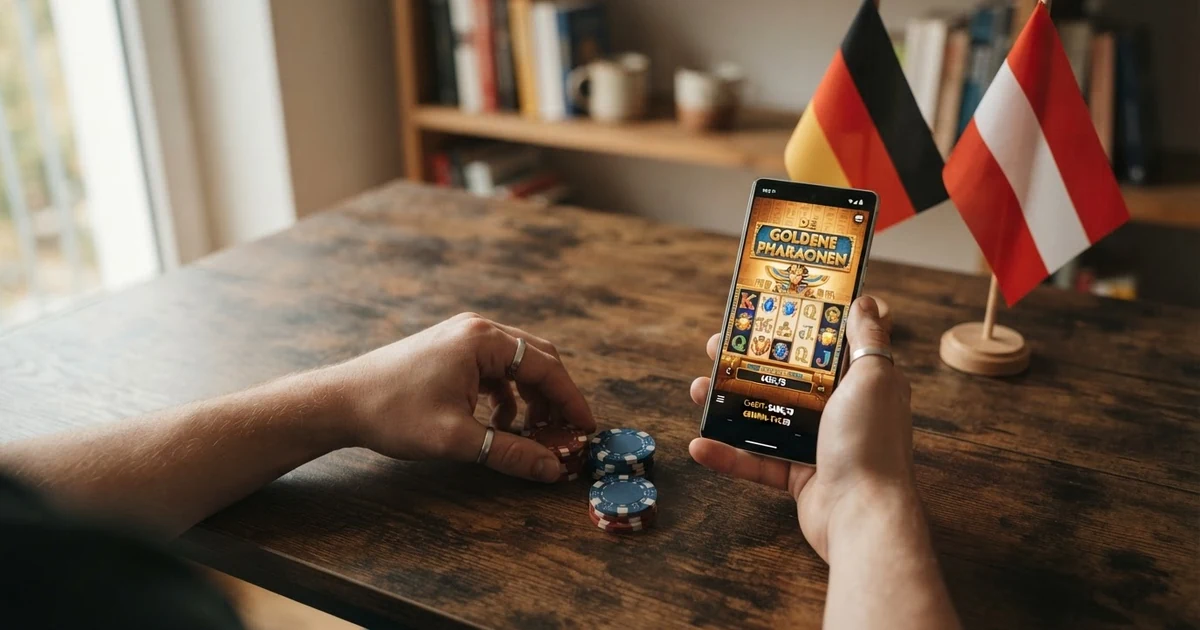 Zwei stilisierte Flaggen Deutschlands und Österreichs nebeneinander, im Hintergrund eine abstrahierte Casino-Szene mit Karten und Chips