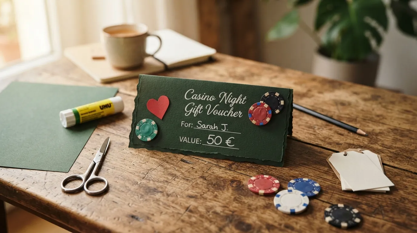 Ein selbst gebastelter Casino-Gutschein mit Spielkarten-Motiv, Chip-Deko und handschriftlichem Wert — liebevoll gestaltet auf einem Holztisch