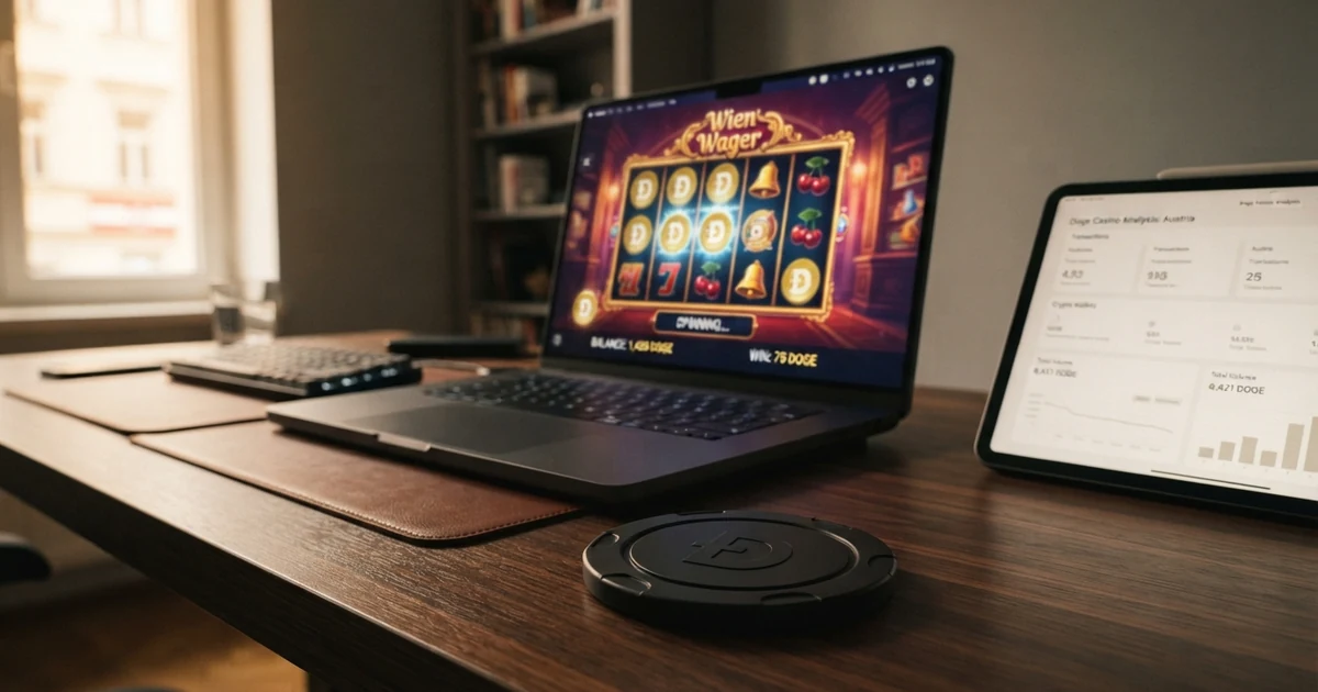 Eine Nahaufnahme einer Dogecoin-Münze vor einem Bildschirm mit Casino-Slots und einem Vergleichstabellen-Layout
