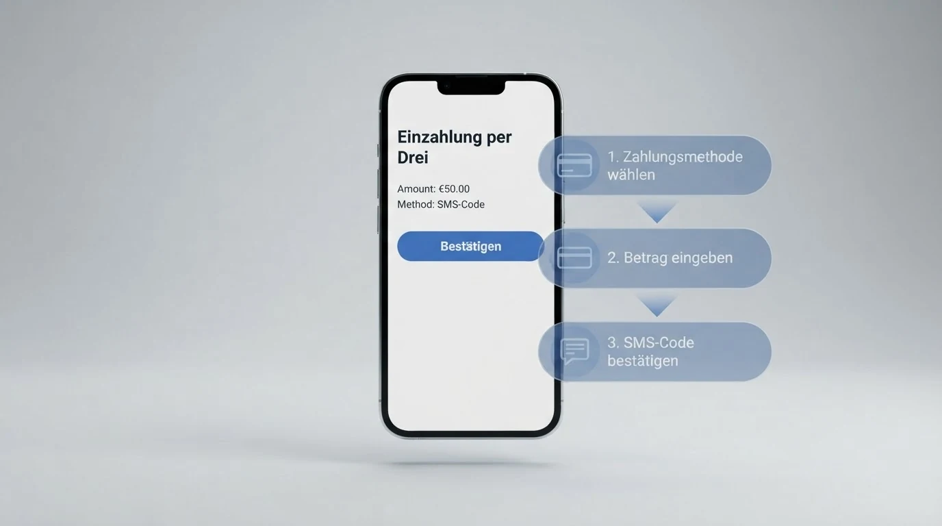 Eine schematische Darstellung des Einzahlungsprozesses: Casino-Kasse, SMS-Verifizierung auf dem Smartphone und Bestätigung der Guthaben-Gutschrift