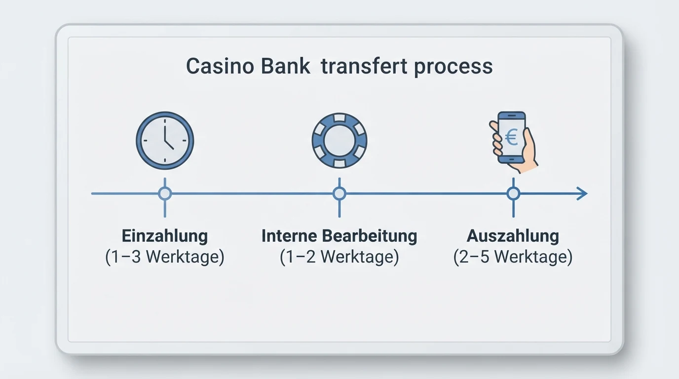 Eine Grafik, die den Zeitstrahl einer Casino-Banküberweisung zeigt: Einzahlung 1–3 Werktage, interne Bearbeitung, Auszahlung 2–5 Werktage