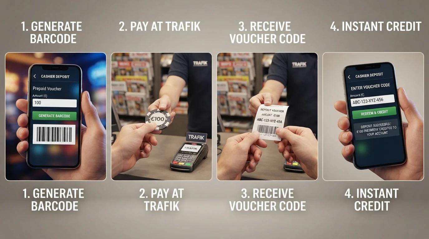 Die vier Schritte der CashtoCode-Einzahlung als grafische Sequenz: Barcode-Generierung im Casino, Bezahlung an der Kasse, Code-Erhalt, Code-Eingabe im Casino mit sofortiger Guthaben-Buchung