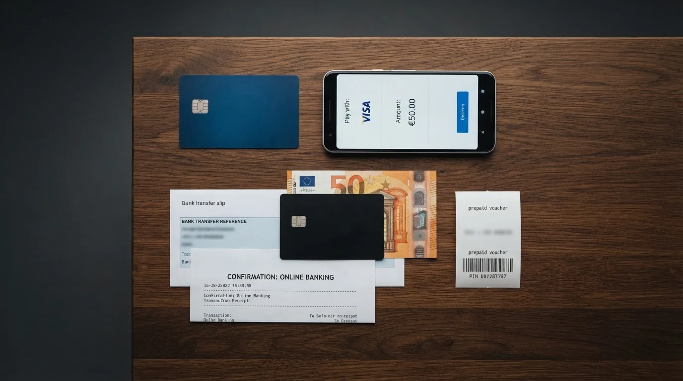 Eine Übersicht gängiger Zahlungsmethoden — Paysafecard-Karte, PayPal-Logo, Kreditkarte, Banküberweisungssymbol — jeweils mit einem Haken oder einer 10€-Markierung für die tatsächliche Mindesteinzahlung