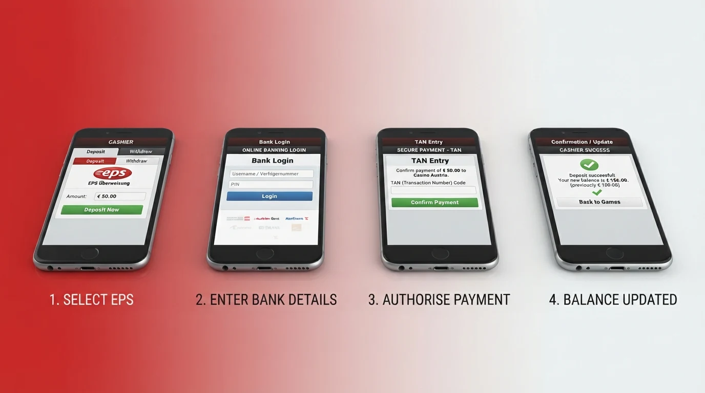 Schematische Darstellung des EPS-Einzahlungsprozesses: Casino-Kasse → Auswahl EPS → Online-Banking → TAN-Freigabe → Guthaben sofort verfügbar