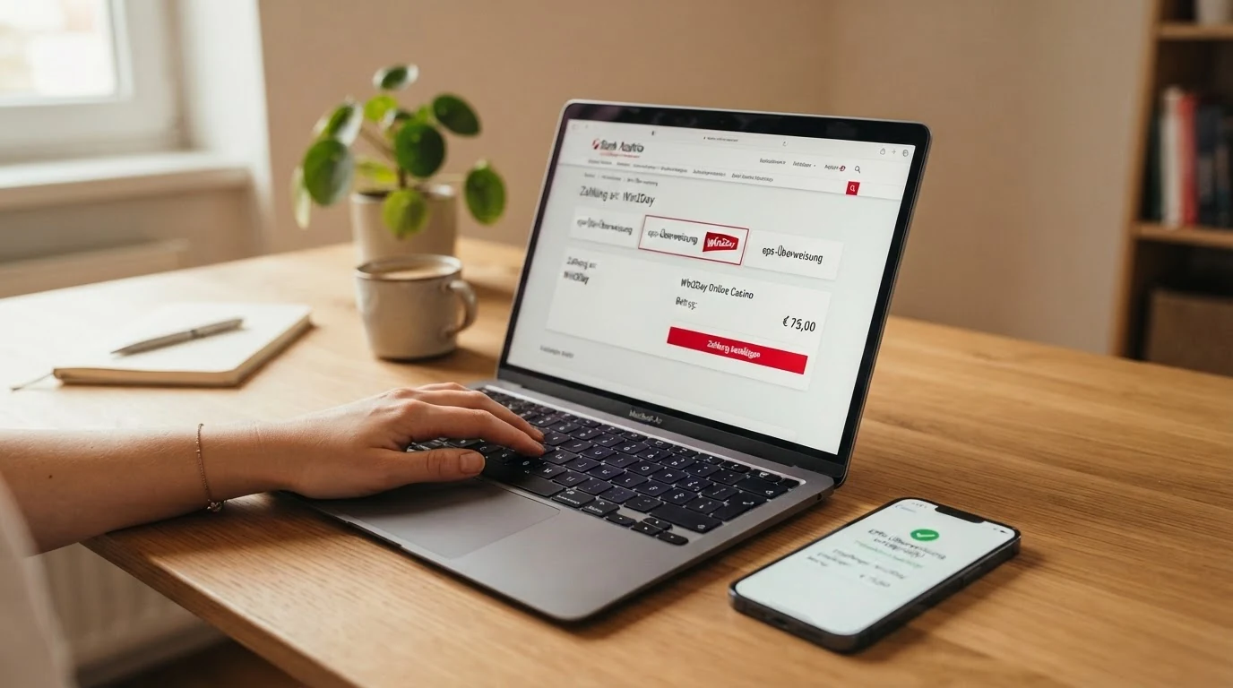 Der Bildschirm eines österreichischen Online-Banking-Portals mit geöffnetem EPS-Überweisungsformular, daneben das Logo eines Online Casinos und die Logos von Skrill und Neteller